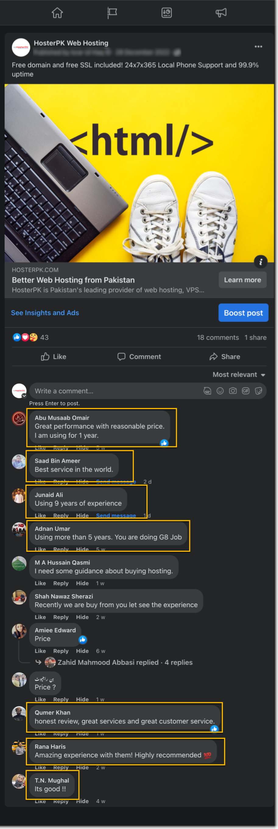 HosterPK Facebook Reviews